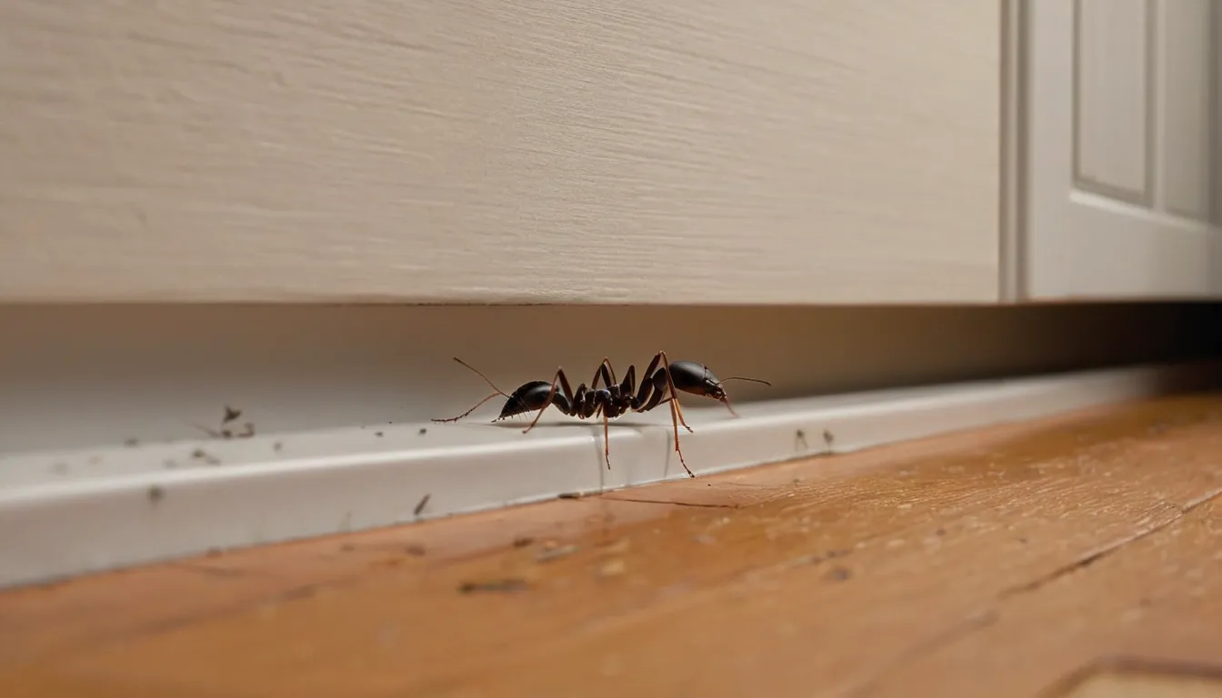 A homeowner checking a kitchen baseboard for ants in a Brentwood home